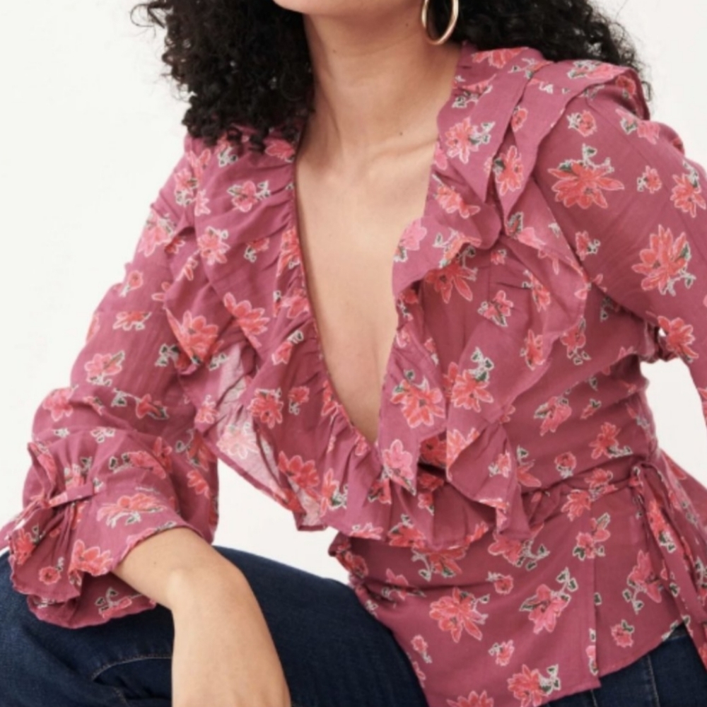 New Free People Amanda Ruffle Boho Wrap Top  Cotton Long Sleeve XS Floral V-Neck
